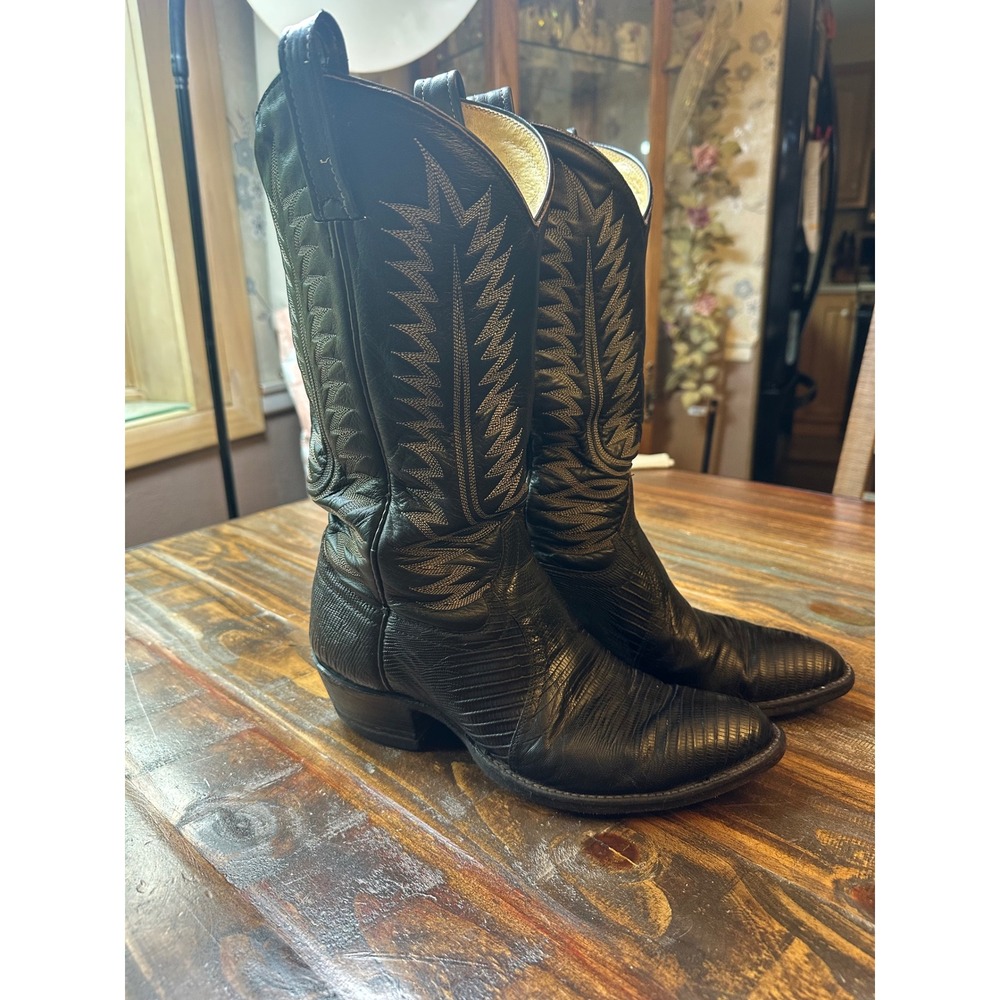 Vintage Black Lizard Skin Western Cowboy Boots Pointed Toe Stitched Men's 8.5 B